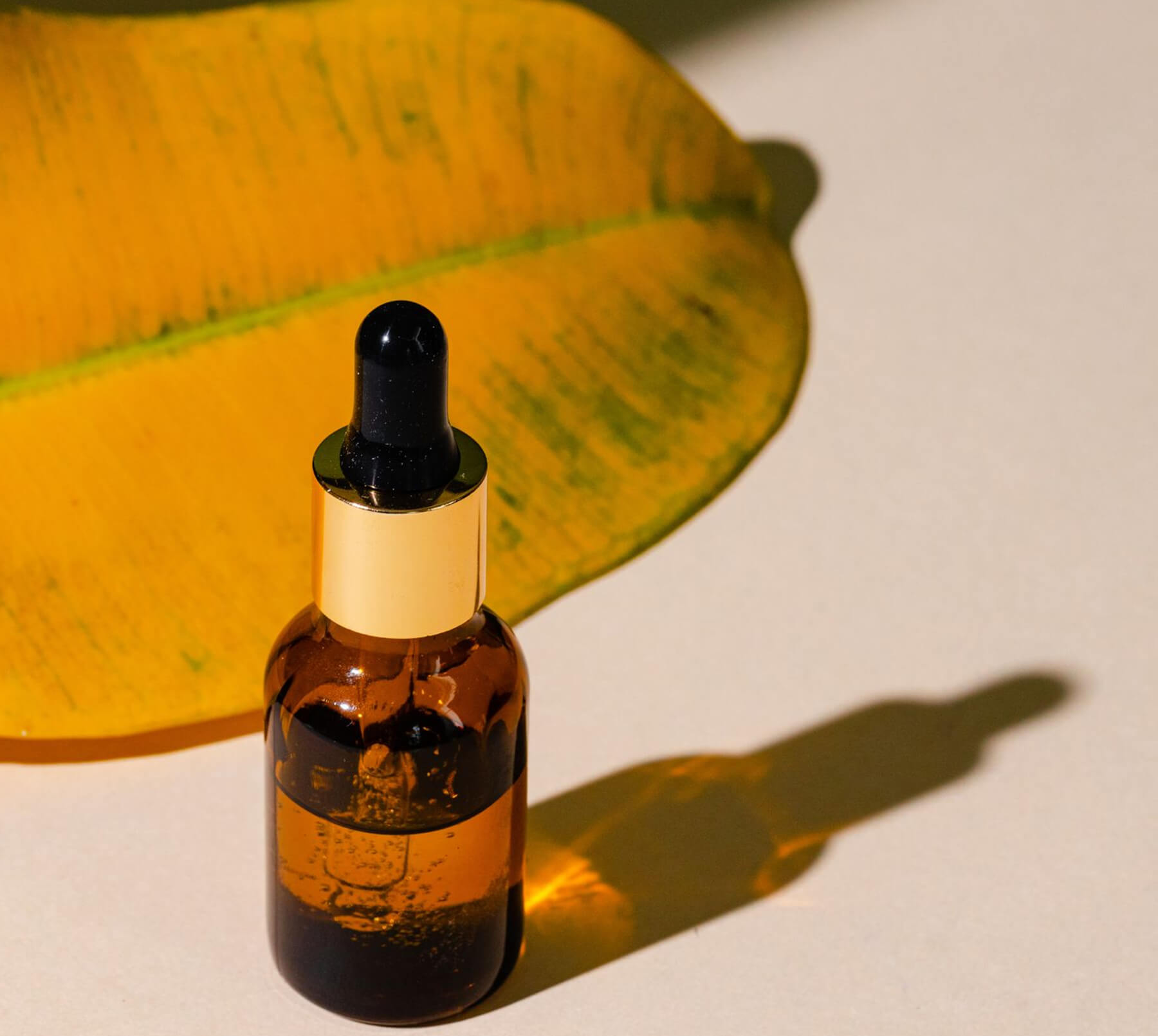The shadow of a perfume bottle on a yellow leaf as a symbol of EuroItalia's commitment to sustainability.